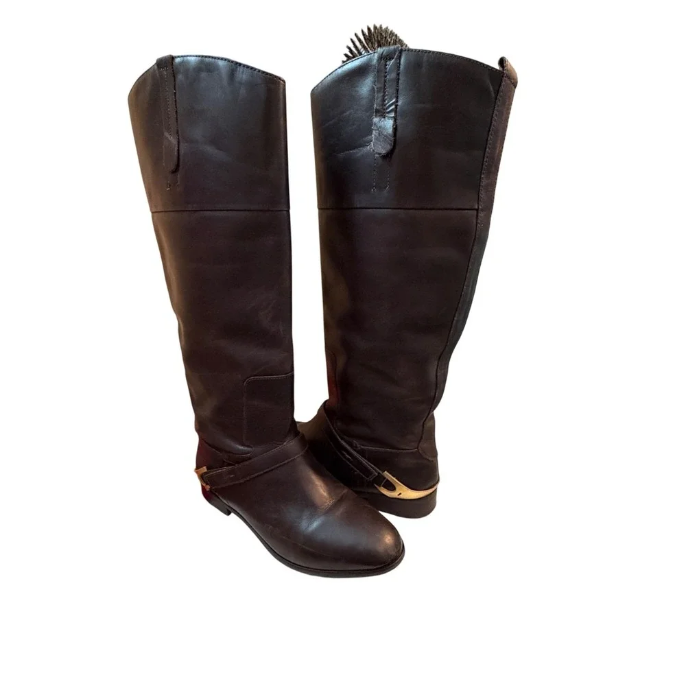 Brown Knee-High Leather‎ Riding Boots Side Strap Gold Buckle Accent Women's Sz 9